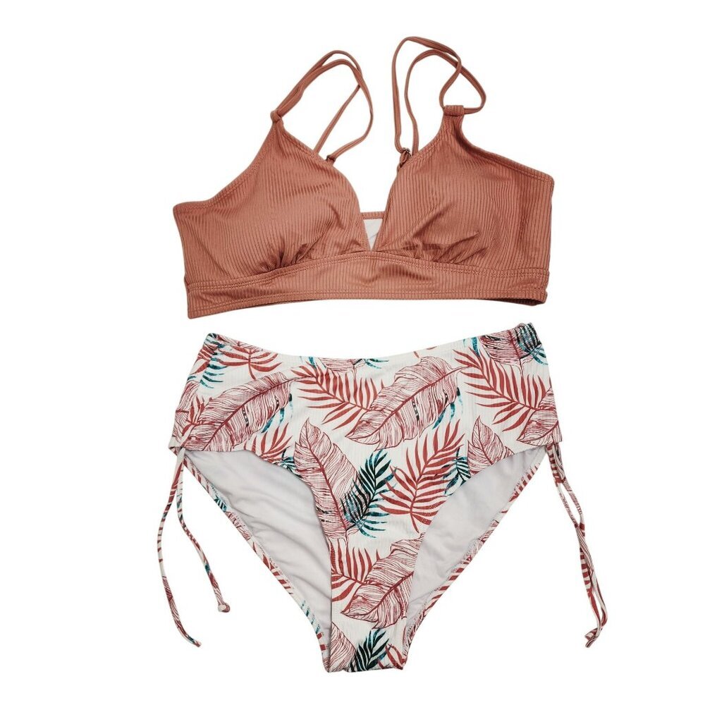 Two-Piece Bikini Set With Tropical Leaf Print & Ribbed Top Size XL Swimsuit
